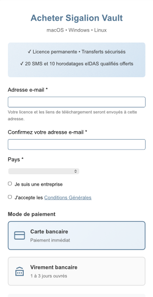 Le formulaire d'achat de licence