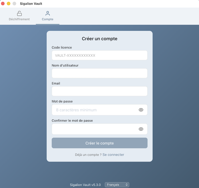 Le formulaire de création de compte dans Sigalion Vault