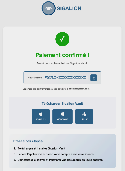 Le code de licence sur la page de confirmation